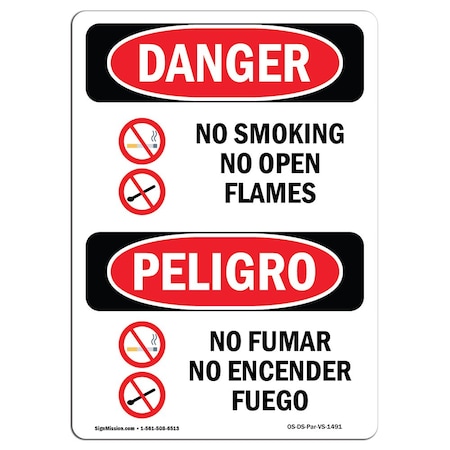 Signmission OSHA Danger, No Smoking No Open Flames Bilingual, 14in X 10in Decal, 10" W, 14" L, Bilingual Spanish OS-DS-D-1014-VS-1491